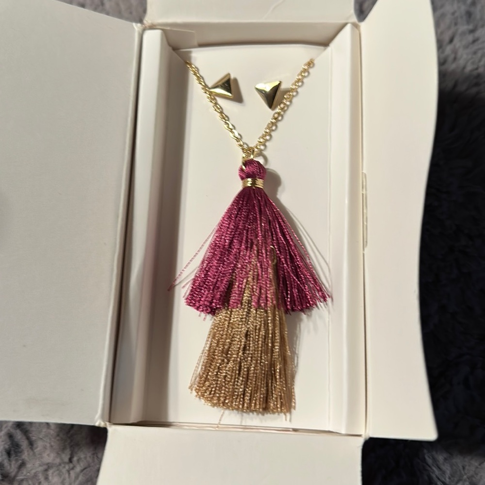 “Lily Sky” Two Tone Gold / Purple Tassel Necklace And Gold Post Earrings